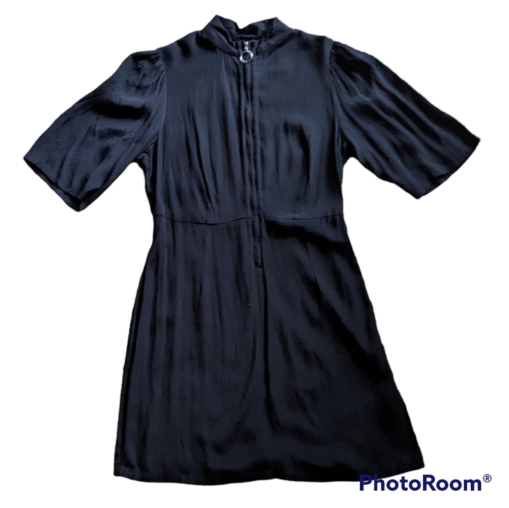 Who What Wear Black Front Zip Mid Sleeve Mock Neck Midi Dress - Size Small